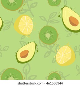 Seamless pattern with branches, avocado, lemons and kiwi