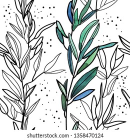 
Seamless pattern with branches of bamboo, willow. Texture paint. Light background.