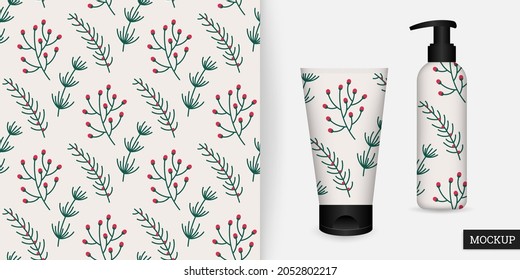Seamless pattern with branches. Beautiful christmas background. Vector illustration. Ornament with pine and spruce branches. Modern repeating texture. Design textile, paper, wallpaper, fabric. Mockup.