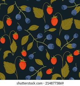 Seamless pattern with branches and berries of blueberries and trawberries, wild berries on a dark background.
 Botanical background for textiles, wrapping paper, decorative.