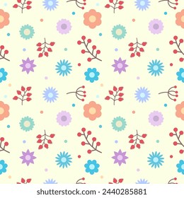 Seamless pattern with branches of berries, flowers and a small polka dot on a light background, vector