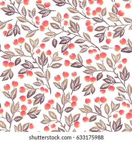 Seamless pattern with branches of berries on white background. Perfect for wallpaper, wrapping paper, textile. Vector illustration.
