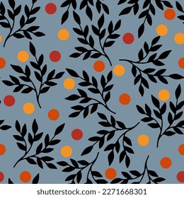 Seamless pattern of branches with black leaves and small circles in red, orange and yellow on a gray background. Vector pattern in EPS10. 