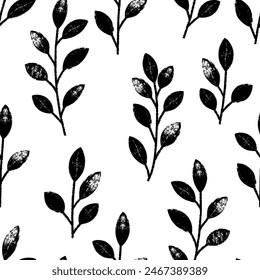 Seamless pattern with  branches and black leaves. Hand drawn floral botanical design. Modern print for textile, fabric, wallpaper, wrapping, scrapbook and packaging