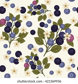 Seamless pattern with branches of blueberries, green leaves  and white flowers on light gray background