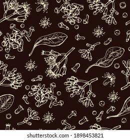 Seamless Pattern with branches of a carnation tree with leaves, buds and flowers . Detailed hand-drawn sketches, vector botanical illustration.  For textile, background, packaging design