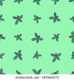 Seamless pattern of branches of Christmas holly with berries on a green background. Vector illustration for festive design, packaging, wallpaper, fabric, textile, stationery, accessories.