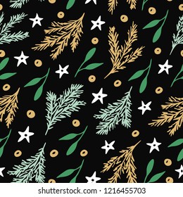 Seamless pattern with branches of christmas tree and stars. Holiday background. Winter time.