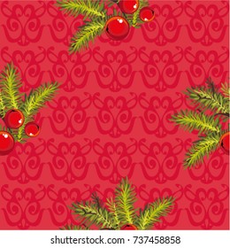 Seamless pattern with branches of a Christmas tree and red berries Vector Illustration EPS8