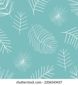 Seamless pattern with branches of Christmas trees and fir trees on a turquoise background. Vector illustration for the design of New Year's gifts and textiles.