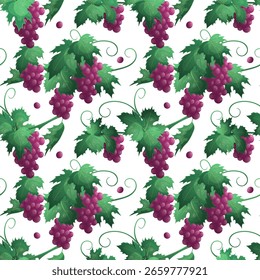 Seamless pattern with branches and clusters of red grapes, leaves, berries, vine. The concept of the wine festival, tasting. Vector illustration of the design of postcards, clothing, textiles, banners