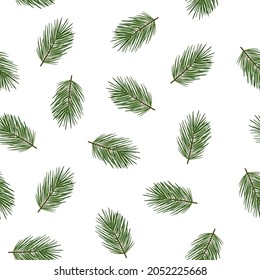 Seamless pattern with branches of coniferous trees on a white background for  fabric, textile, nursery wallpaper. Merry Christmas and Happy New Year winter vector illustration in doodle style