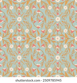 Seamless pattern with branches of convolvulus plant, flowers and leaves. Mosaic repeated motif. Template with morning-glory wildflowers for fashion prints. Turquoise background. Vector illustration