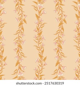 Seamless pattern with branches of convolvulus plant, its flowers and leaves. Template with morning-glory wildflowers for fashion prints. Yellow background, warm colors. Vector illustration