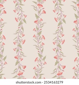 Patrón sin fisuras con ramas de la planta convolvulus, sus flores y hojas. Plantilla con flores silvestres de gloria matutina para estampados de moda. Fondo beige claro. Ilustración vectorial
