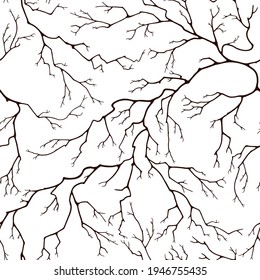 Seamless pattern of branches. Dark silhouettes of dry twigs without leaves. Monochrome drawing on an isolated white background.