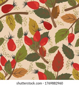 Seamless pattern. Branches of dogrose with leaves and berries on a beige background. Vector illustration