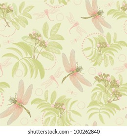 Seamless pattern with branches of an elder and dragonflies