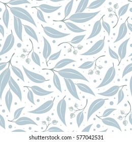 Seamless pattern branches of eucalyptus. Vector illustration. Blue floral background