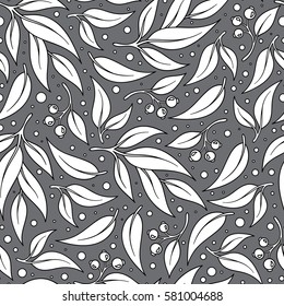 Seamless pattern branches of eucalyptus. Vector illustration.Grey floral background