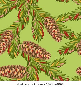 Seamless pattern with branches fir cones. Stylized hand drawn in retro style.