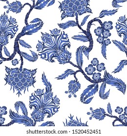 Seamless pattern with branches flowers in chinoiserie style. Japanese blue ceramic print. 