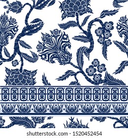 Seamless Pattern With Branches Flowers In Chinoiserie Style. Japanese Blue Ceramic Print. 