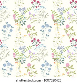 Seamless pattern of branches, flowers, herbs and leaves. Hand drawn vector illustration of can be used for wallpaper, website background, wrapping paper, invitation, flyer, banner or website