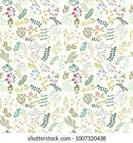 Seamless pattern of branches, flowers, herbs and leaves. Hand drawn vector illustration of can be used for wallpaper, website background, wrapping paper, invitation, flyer, banner or website