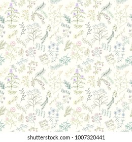 Seamless pattern of branches, flowers, herbs and leaves. Hand drawn vector illustration of can be used for wallpaper, website background, wrapping paper, invitation, flyer, banner or website