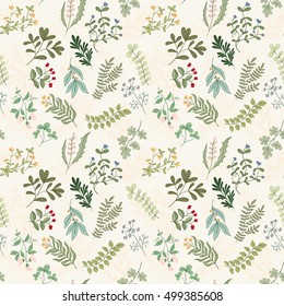 Seamless pattern of branches, flowers, herbs and leaves. Hand drawn vector illustration of can be used for wallpaper, website background, wrapping paper, invitation, flyer, banner or website