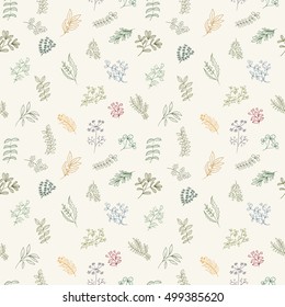 Seamless pattern of branches, flowers, herbs and leaves. Hand drawn vector illustration of can be used for wallpaper, website background, wrapping paper, invitation, flyer, banner or website