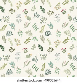 Seamless pattern of branches, flowers, herbs and leaves. Hand drawn vector illustration of can be used for wallpaper, website background, wrapping paper, invitation, flyer, banner or website
