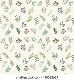 Seamless pattern of branches, flowers, herbs and leaves. Hand drawn vector illustration of can be used for wallpaper, website background, wrapping paper, invitation, flyer, banner or website