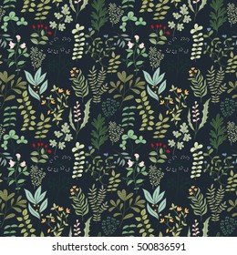 Seamless pattern of branches, flowers, herbs and leaves. Hand drawn vector illustration of can be used for wallpaper, website background, wrapping paper, invitation, flyer, banner or website