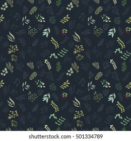 Seamless pattern of branches, flowers, herbs and leaves. Hand drawn vector illustration of can be used for wallpaper, website background, wrapping paper, invitation, flyer, banner or website