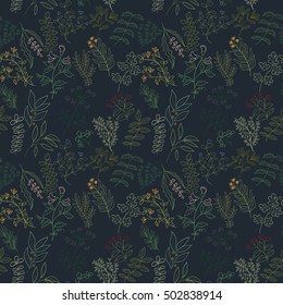 Seamless pattern of branches, flowers, herbs and leaves. Hand drawn vector illustration of can be used for wallpaper, website background, wrapping paper, invitation, flyer, banner or website