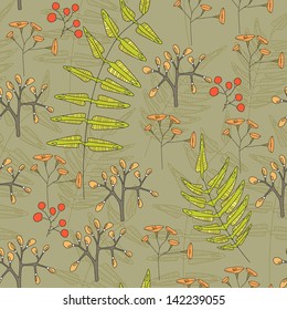 Seamless pattern with branches and flowers and leaves. Vector illustration