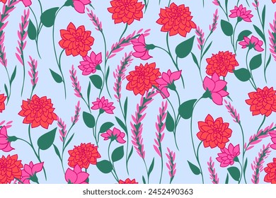 Patrón sin fisuras con ramas, flores, hojas y cogollos sobre un fondo azul. Vector dibujado a mano abstracto, subgrupos florales artísticos. Floreciente impresión de pradera silvestre de primavera o verano. Plantilla de diseño