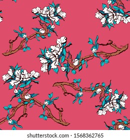 Seamless pattern with branches and flowers on pink background. White flowers and branches. Illustration for fabric, wallpaper, clothes, linens.- Vector.