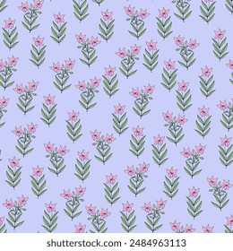 Seamless pattern of branches with flowers on a lilac background. Vector illustration.