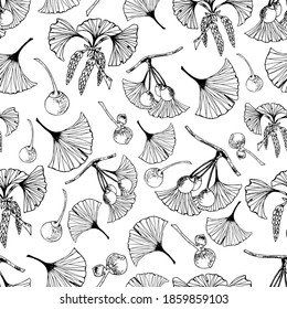 Seamless pattern with branches of ginkgo biloba. Illustration for packaging, paper, wallpaper, fabrics, textiles. Ginkgo biloba leaves set. Botanical illustrations.