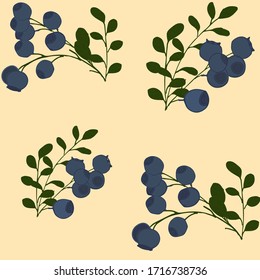 Seamless pattern with branches, green leaves and blueberries on a pink background.