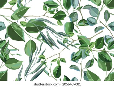Seamless pattern with branches and green leaves. Spring or summer stylized foliage.