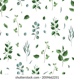 Seamless pattern with branches and green leaves. Spring or summer stylized foliage.