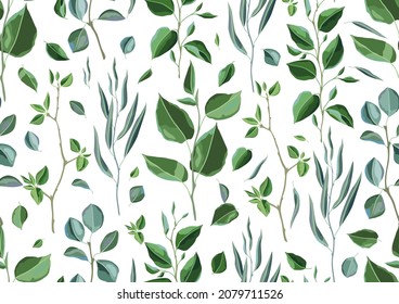 Patrón sin foco con ramas y hojas verdes. Follaje estilizado de primavera o verano.