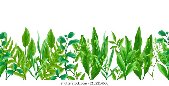 Patrón sin foco con ramas y hojas verdes. Follaje estilizado de primavera o verano.