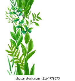 Seamless pattern with branches and green leaves. Spring or summer stylized foliage.