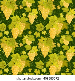 Seamless pattern with branches, green leaves and yellow berries of grapes on a dark green background. Vector. Designs for textiles, paper, fabrics, wallpaper.