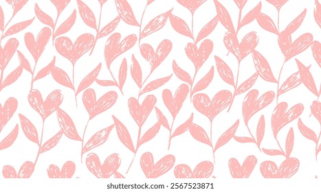 Seamless pattern branches with heart shape flowers. Dry brush drawn hearts with stems and leaves. Pattern vector pink ink for Valentine's day, holidays. Grung simple plants elements, texture.